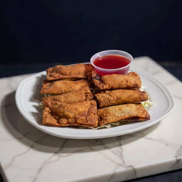 Crispy fried spring rolls and wontons on a white plate with a side of red dipping sauce.