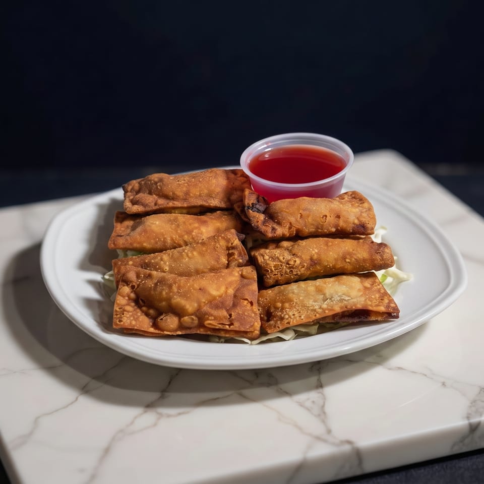 Crispy fried spring rolls and wontons on a white plate with a side of red dipping sauce.