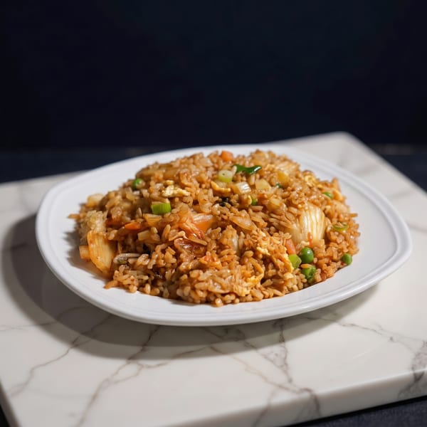 A white plate of kimchi fried rice with peas and green onions on a marble slab.