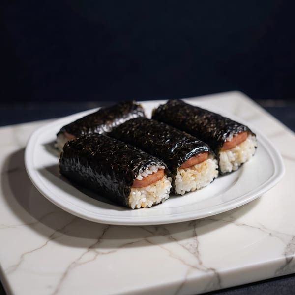 Four spam musubi, rice and spam wrapped in nori, on a white plate and marble board.