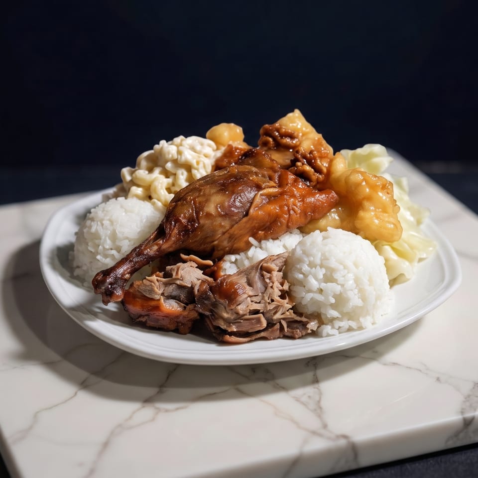 A Hawaiian plate lunch with chicken, rice, macaroni salad, and cabbage on a white marble board.