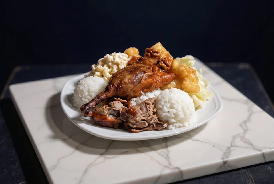 A Hawaiian plate lunch with chicken, rice, macaroni salad, and cabbage on a white marble board.