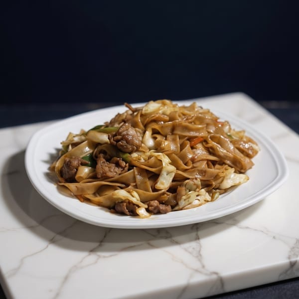 A white plate of stir-fried noodles with beef and vegetables on a marble slab.