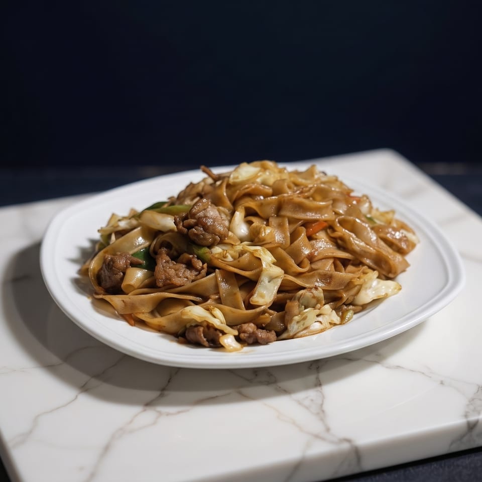 A white plate of stir-fried noodles with beef and vegetables on a marble slab.