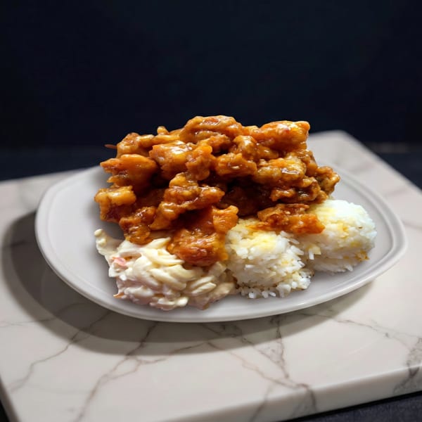 Orange chicken with white rice and macaroni salad on a white plate, on a marble slab.