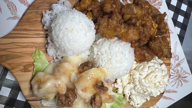 Mochiko Chicken/Honey Walnut Shrimp.